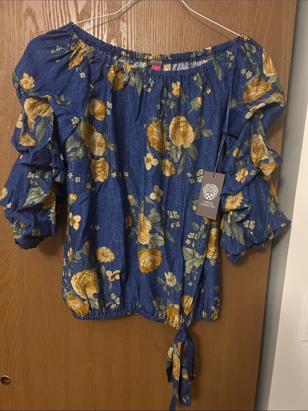 Vince Camuto Navy Blue Floral Off-Shoulder Tie-Hem Blouse - Picture 1 of 3